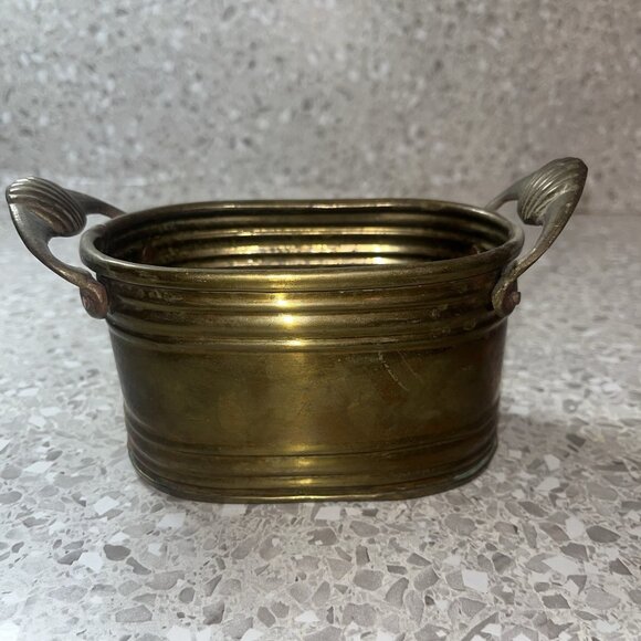 Small Brass Oval Planter Seashell Accent Handles Beautiful Patina 3” Tall Vtg - Picture 5 of 14
